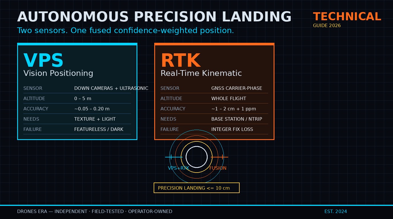 Two sensor panels side by side: VPS (Vision Positioning, cyan, decimeter-class accuracy) and RTK (Real-Time Kinematic, amber, centimeter-class accuracy), with their fusion indicator below pointing to a Precision Landing 10 cm target on a dark HUD interface. Brand-aligned for dronesera.com.