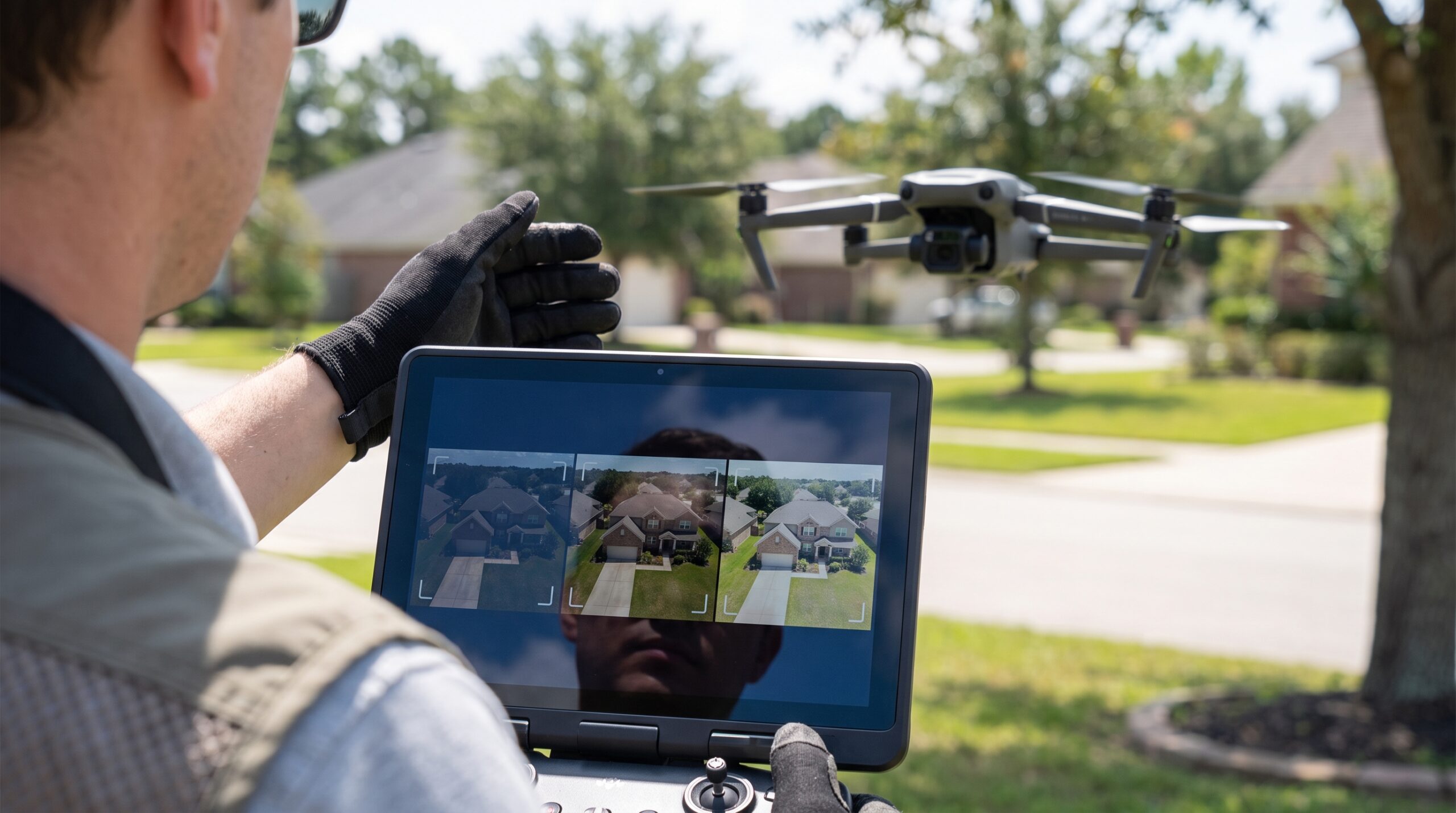 Budget drone photography pilot reviewing bracketed aerial real estate images while a compact camera drone holds position