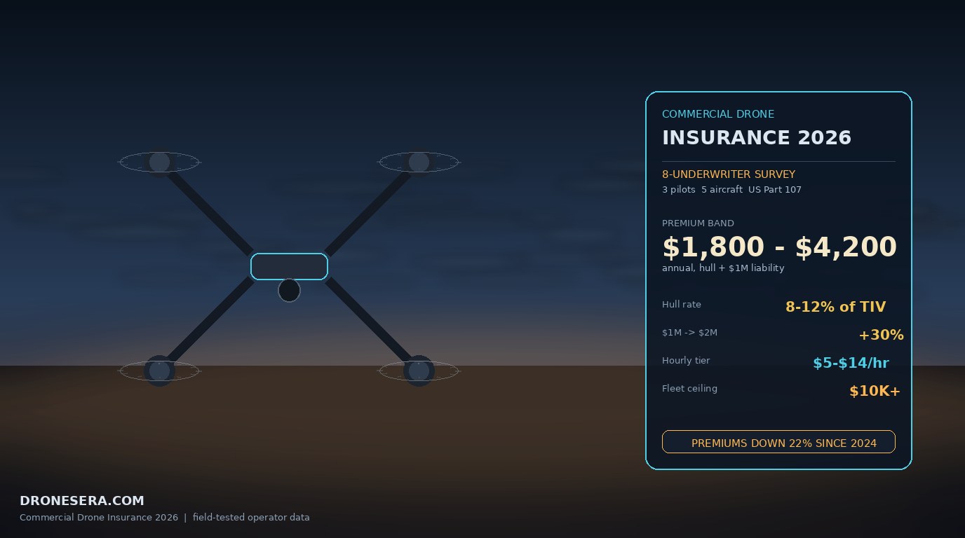 Photoreal commercial drone over dusk horizon, paired with a dark HUD data panel displaying the 2026 commercial drone insurance premium band of 1,800 to 4,200 US dollars per year for a 3-pilot, 5-aircraft US Part 107 operation. Stats: hull rate 8 to 12 percent of total insured value, liability bump from one to two million adds 30 percent, hourly tier 5 to 14 dollars per hour, fleet ceiling 10K plus. Badge: PREMIUMS DOWN 22 PERCENT SINCE 2024. Brand: dronesera.com.