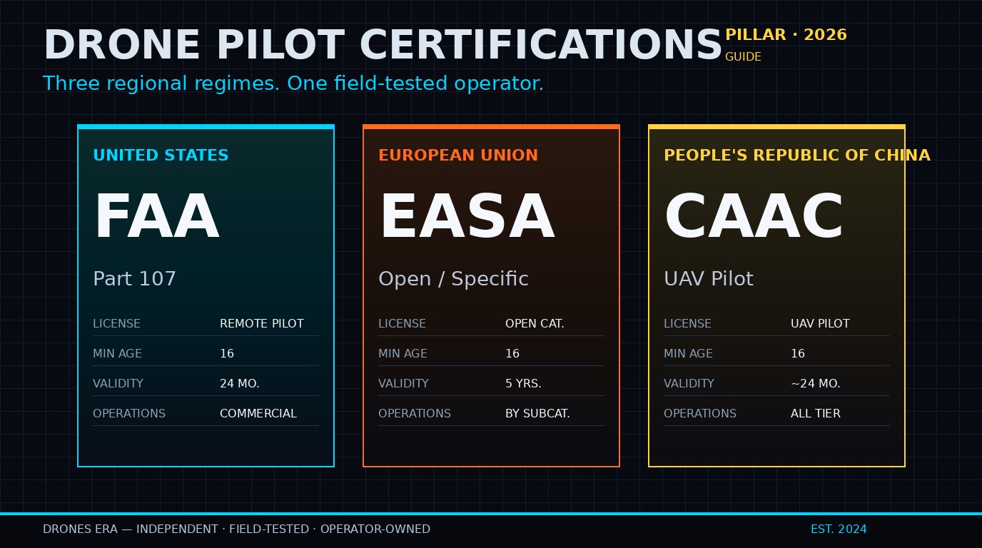 Three credential cards side by side: FAA Part 107 (United States, cyan), EASA Open/Specific (European Union, amber), and CAAC UAV Pilot (People's Republic of China, yellow) — dark HUD aesthetic with telemetry rows showing license name, minimum age, validity, and operations scope.