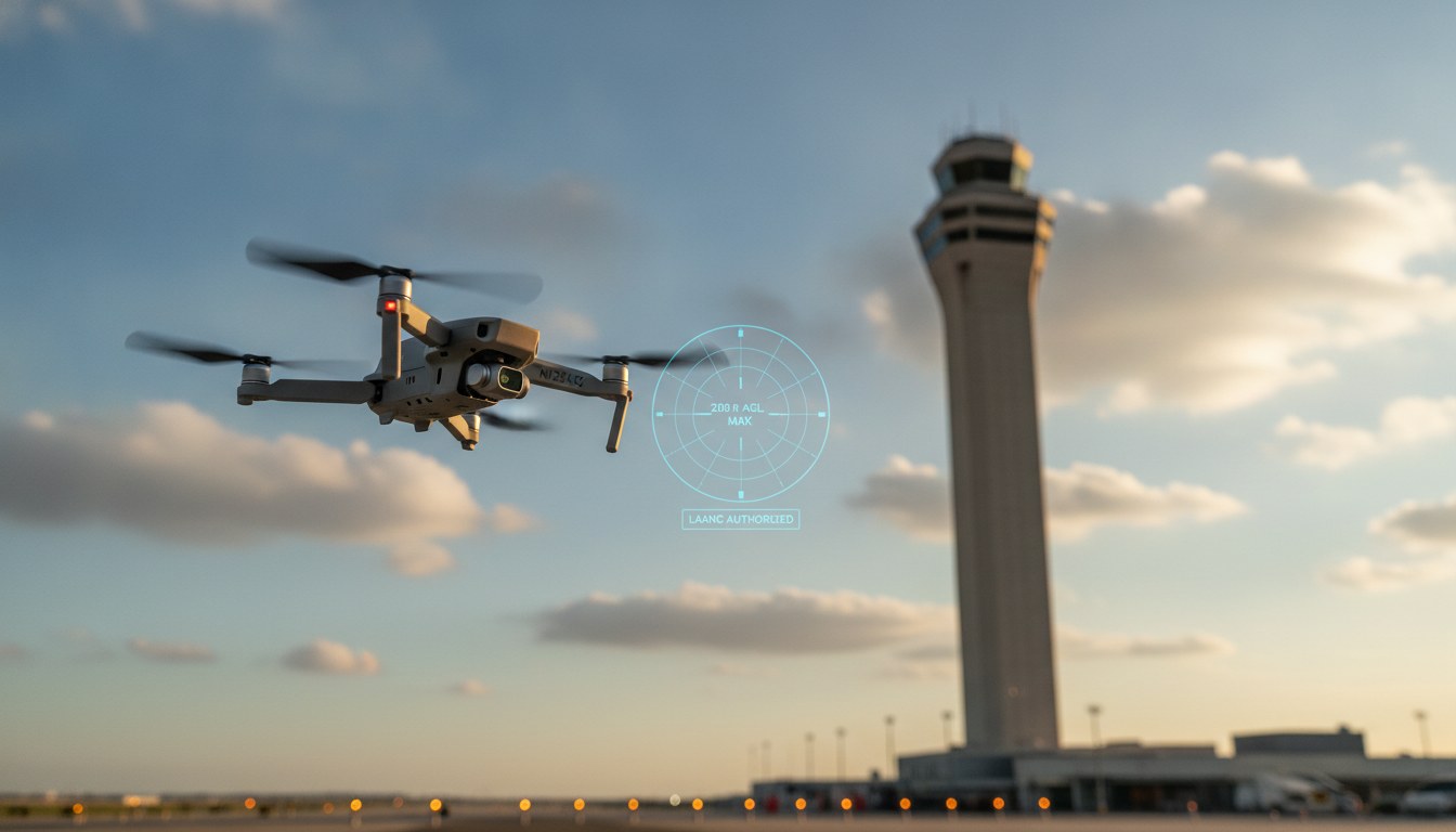 A small commercial quadcopter drone hovering at 200 feet AGL in front of a major US Class B airport control tower at dusk, with a translucent HUD overlay showing the LAANC grid ceiling indicator and an AUTHORIZED status badge. FAA registration markings visible on the drone arm.