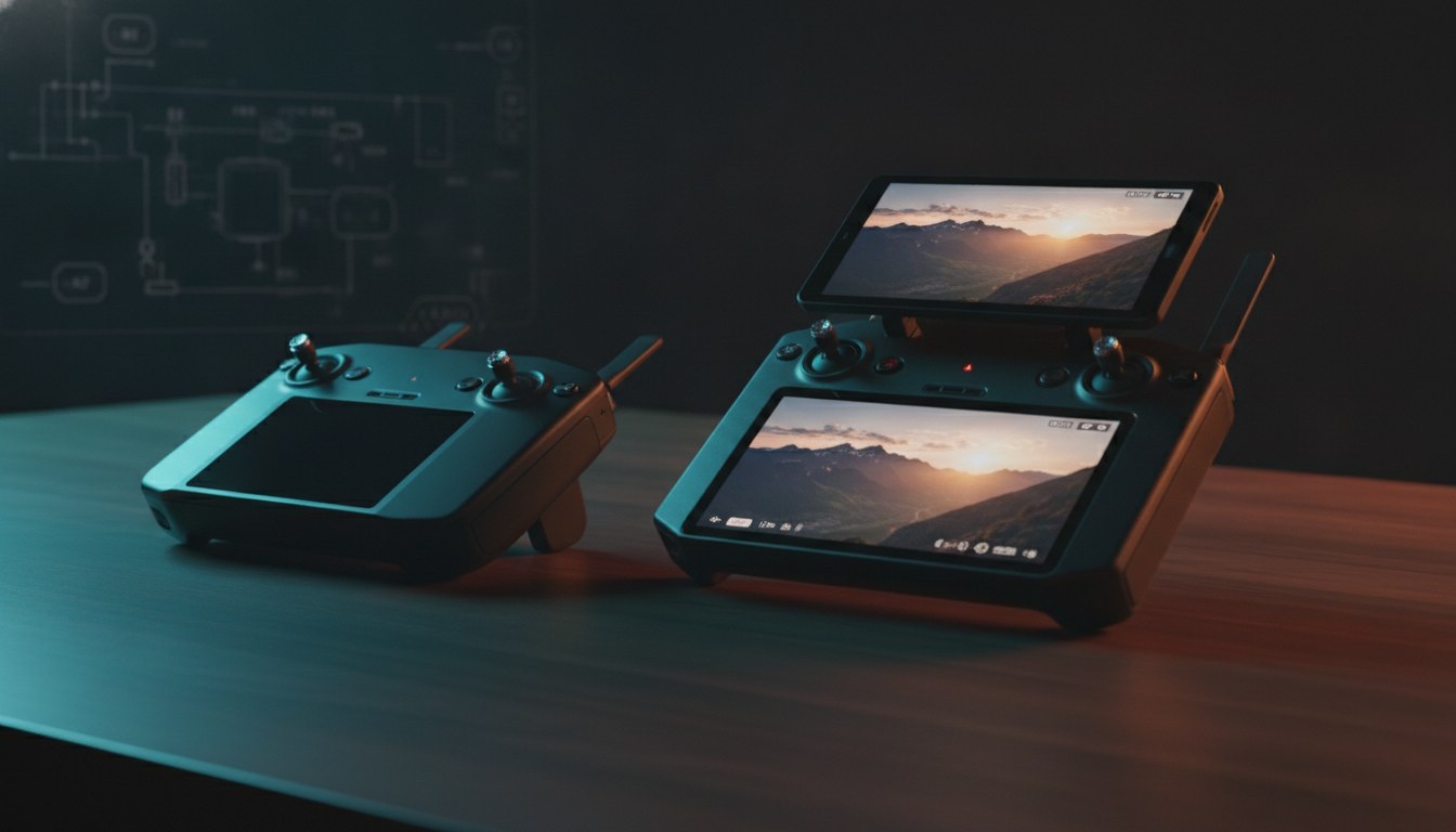 Two DJI drone controllers side by side on a dark wood table under cyan and amber rim lighting, screens showing mountain landscape with telemetry HUD overlays, blueprint schematic faintly visible in the background