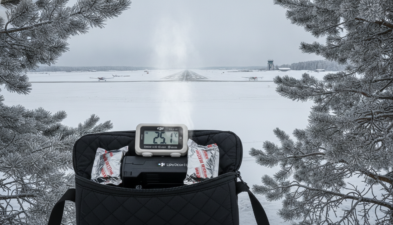 DJI drone battery inside an insulated bag alongside two chemical hand warmers in a snowy outdoor environment, with a thermometer reading approximately 25 degrees C.
