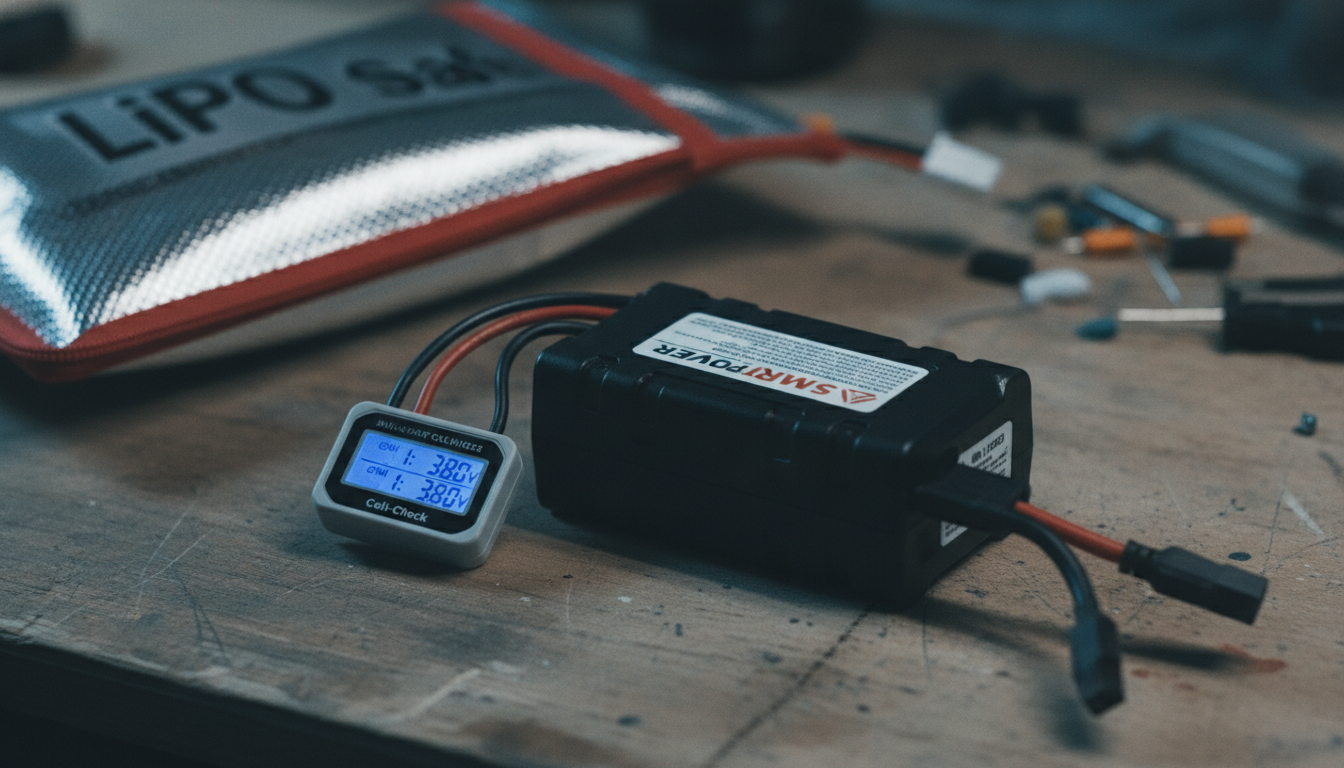 LiPo battery pack on a workshop bench with a digital voltmeter showing 3.80 V per cell, with a LiPo safe bag in the background.