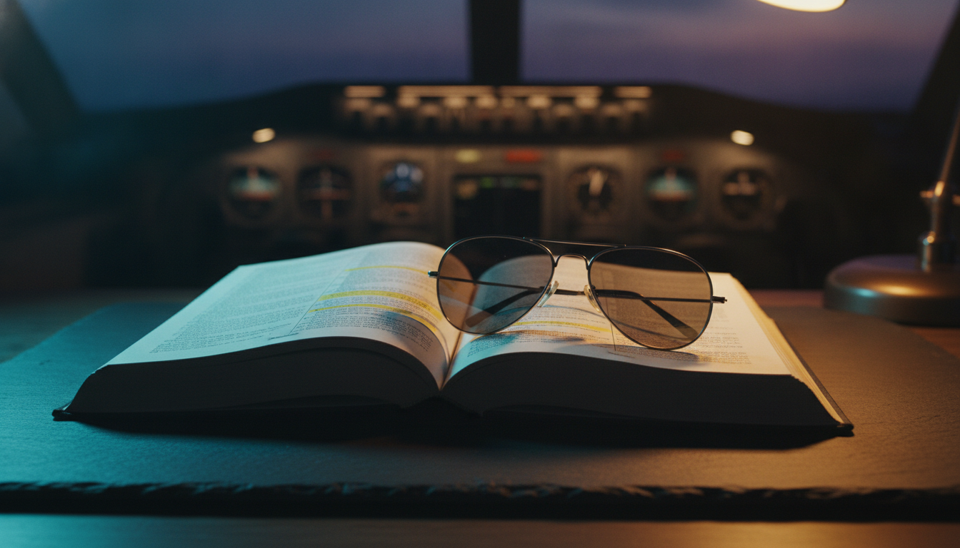 Open Federal Register volume on a pilot's desk with aviator sunglasses resting on the page, cockpit instrument panel out of focus in the background, lit with cool cyan light from the left and warm amber desk lamp from the right.