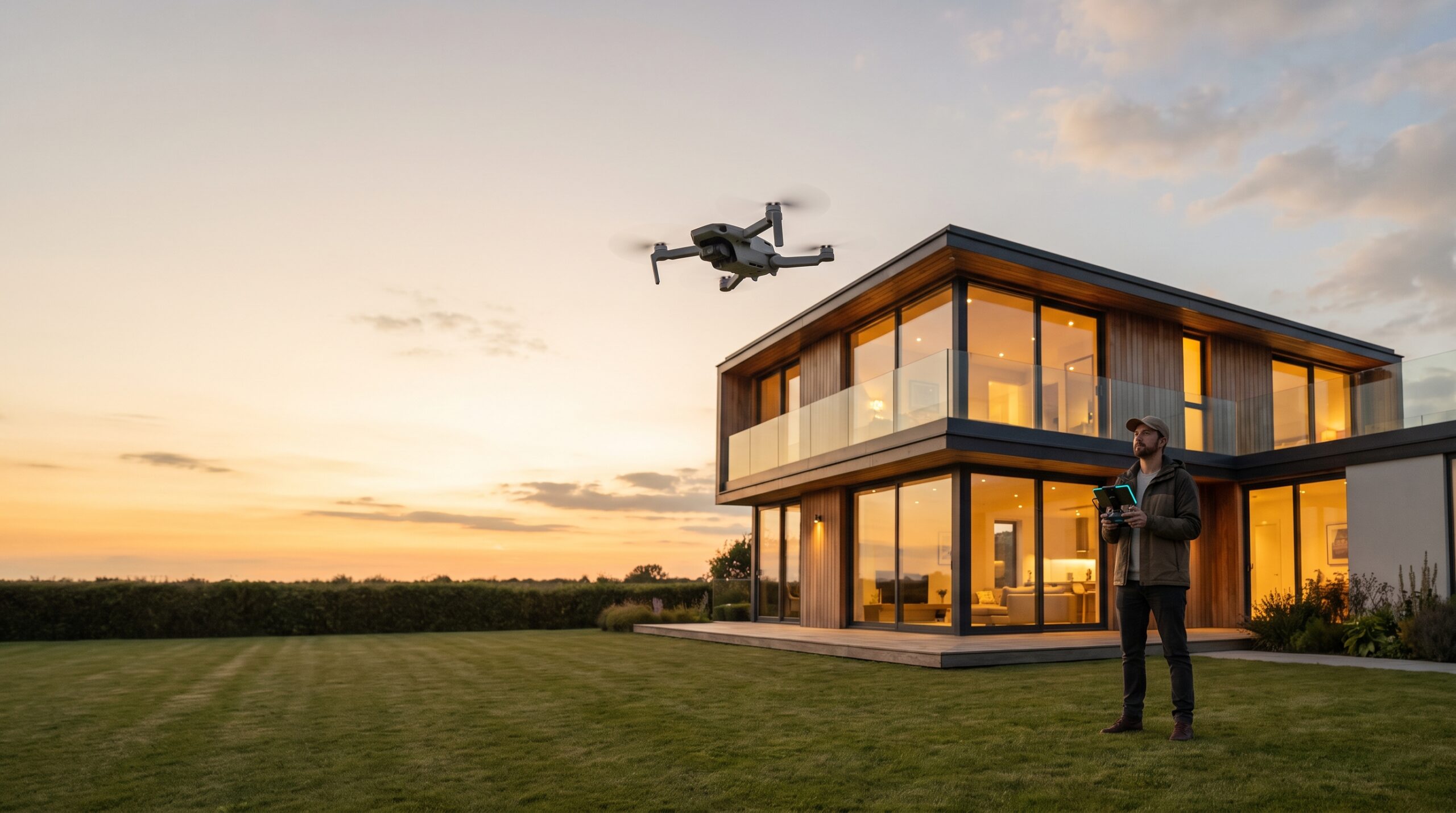 Compact camera drone photographing a modern real estate listing while a professional pilot operates from the lawn