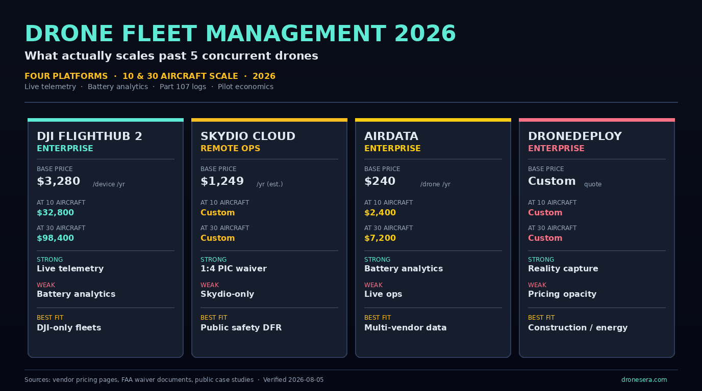 Drone Fleet Management 2026 featured image: four platform cards (DJI FlightHub 2, Skydio Cloud, AirData, DroneDeploy) showing base price, 10-aircraft scale, 30-aircraft scale, strongest and weakest feature, and best fit. Dark HUD layout, 1376x768 PNG.
