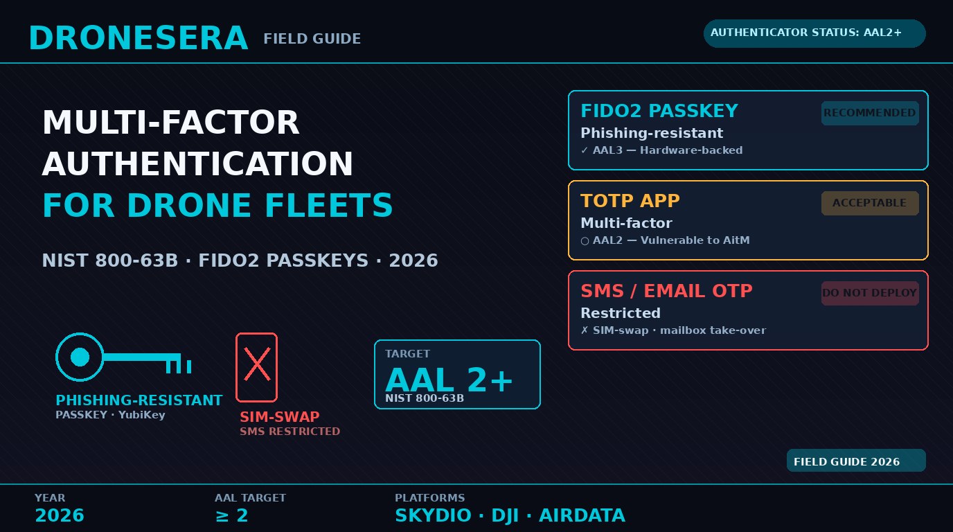 Drone fleet software MFA security 2026: FIDO2 passkey recommended, TOTP acceptable, SMS restricted per NIST 800-63B AAL2+