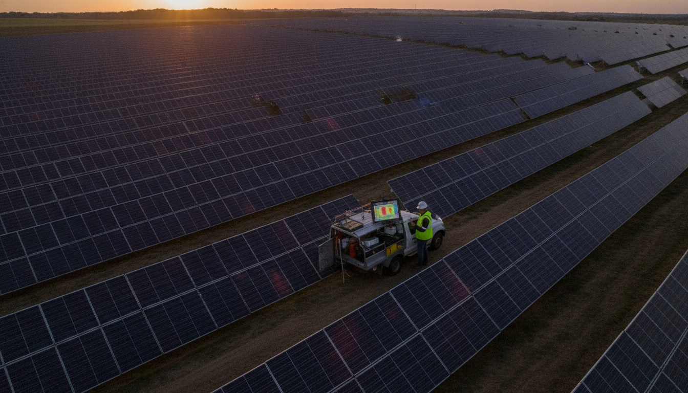 Wide-angle drone view of a solar farm inspection at golden hour. A commercial drone pilot in a hard hat and high-vis vest stands at a service truck examining a tablet showing thermal imaging data with red and yellow hotspots. Utility-scale solar panel rows stretch to the horizon with subtle infrared hotspots visible on the cells.