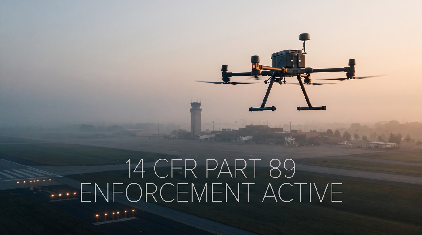 Commercial drone (Matrice-style quadcopter) flying above an airport control tower at dawn, with the text overlays '14 CFR PART 89' and 'ENFORCEMENT ACTIVE'. Illustrative image for FAA drone Remote ID enforcement regulatory article.
