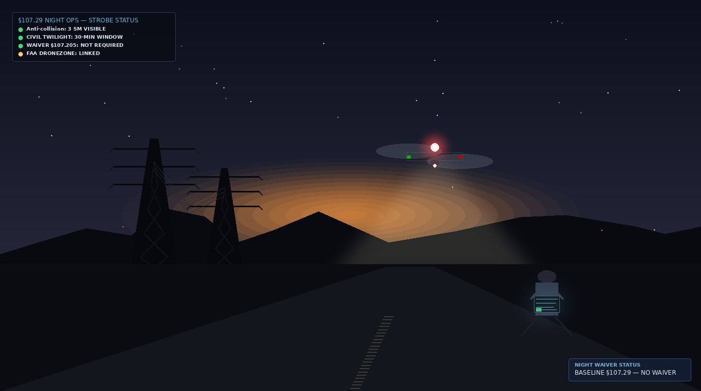 Night-time drone inspection at a power transmission corridor: drone with red anti-collision strobe firing (FAA Part 107 §107.29(a)(2) 3-statute-mile requirement), pilot with tablet showing compliance HUD, §107.29 night-ops status overlay top-left, powerline corridor silhouette against orange horizon afterglow