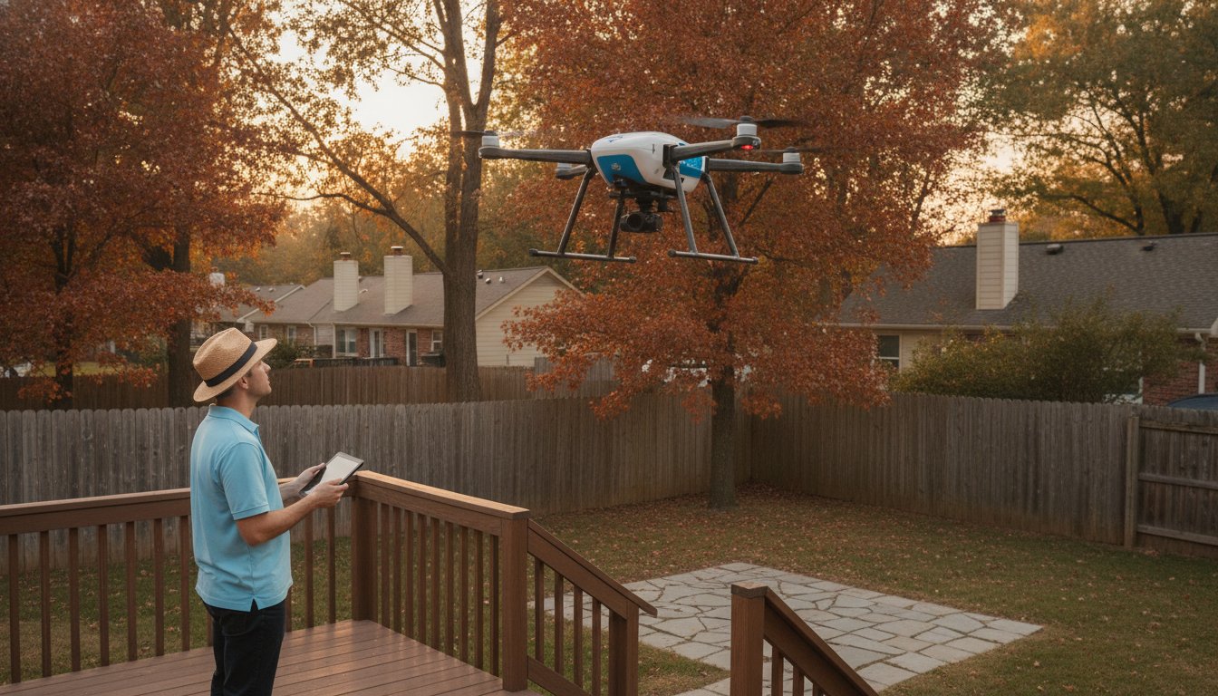 A Matternet-style delivery drone hovers above a suburban backyard fence at golden hour, with a man in a sun hat watching from a wooden deck while holding a tablet.