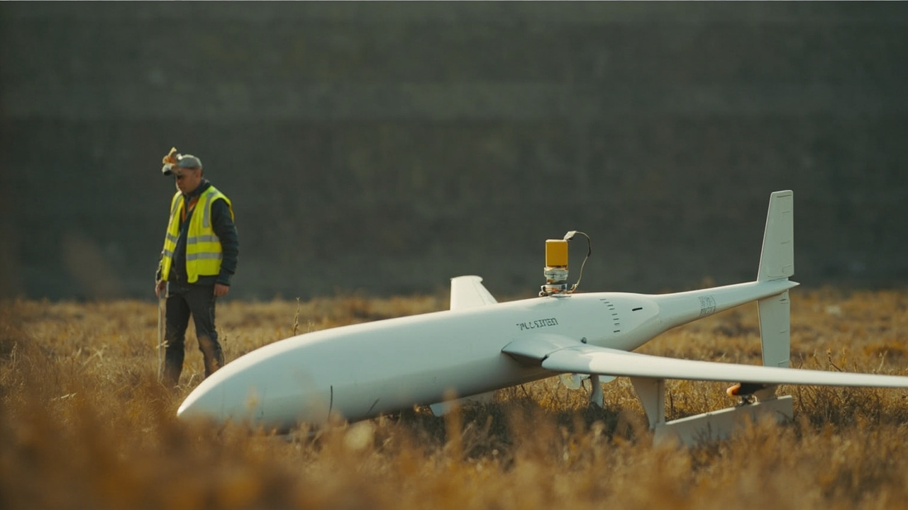 Fixed-wing mapping drone on dry grass with a surveyor and a GNSS rover pole