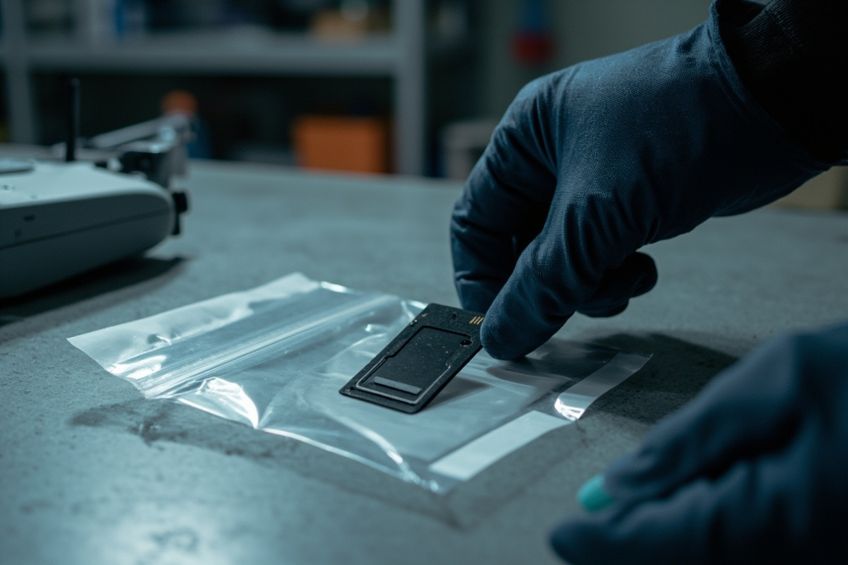 Gloved hand placing a removable media card into a clear evidence bag, drone controller in the background