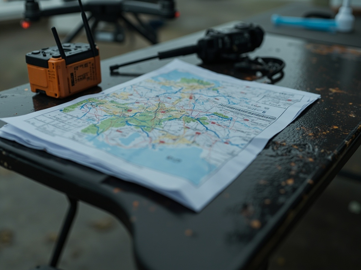 Field table with a radio, controller, and paper map at a hurricane drone staging area