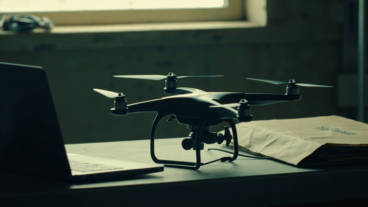 Powered-off quadcopter on an inspection bench next to a closed laptop and a sealed envelope