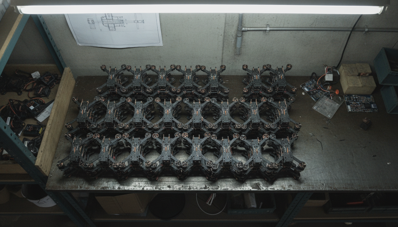 Stack of Ukrainian FPV drone frames on a workbench, showing industrial-scale production at a Ukrainian drone workshop