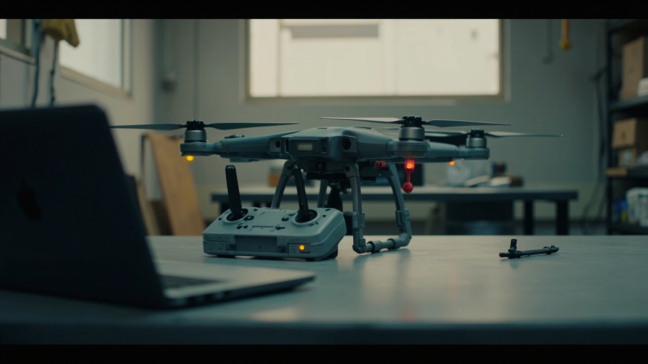 Industrial quadcopter and controller on a workshop bench, UAV security advisory illustration