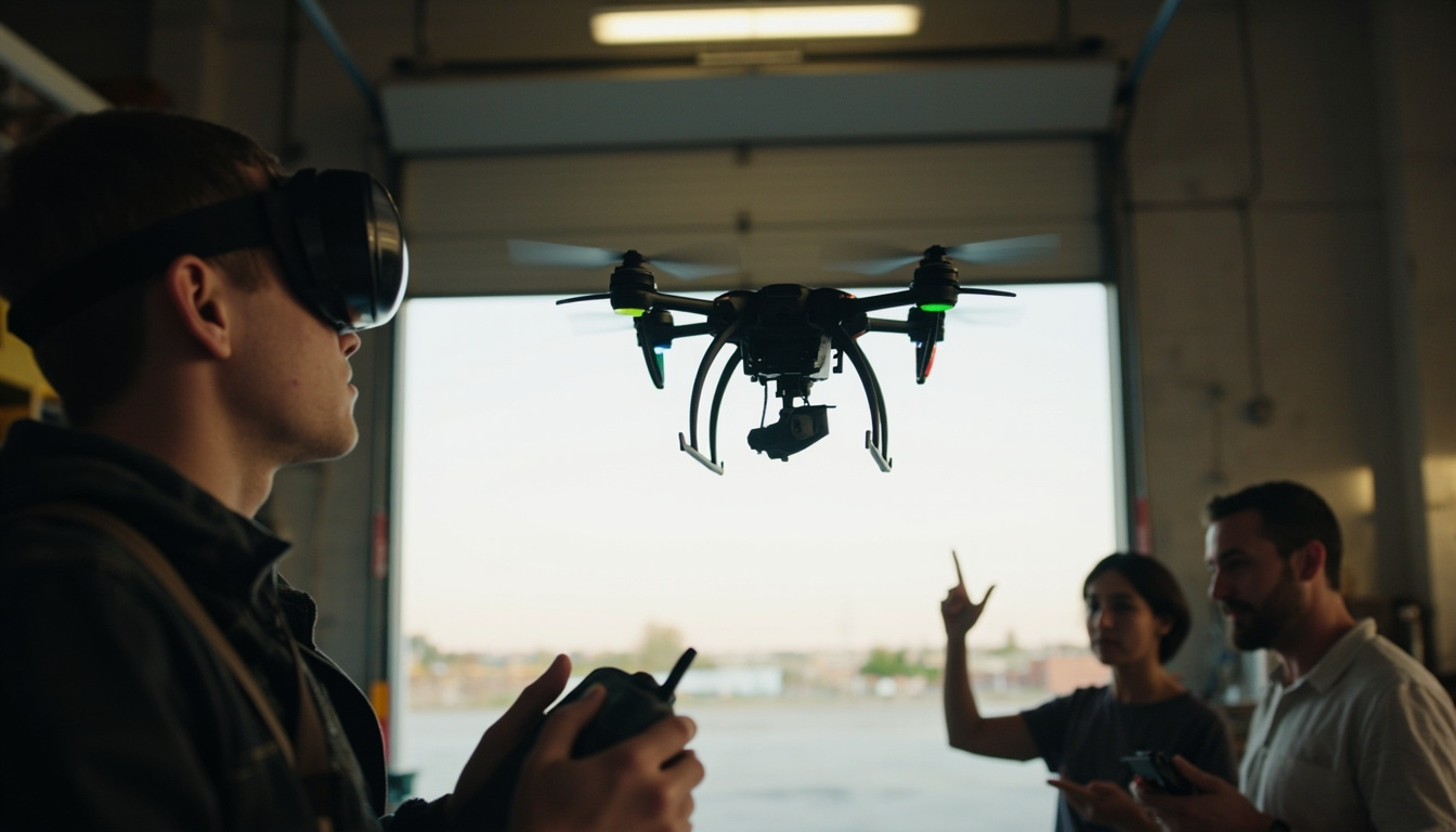 FPV pilot in goggles and a visual observer watching a hovering quadcopter