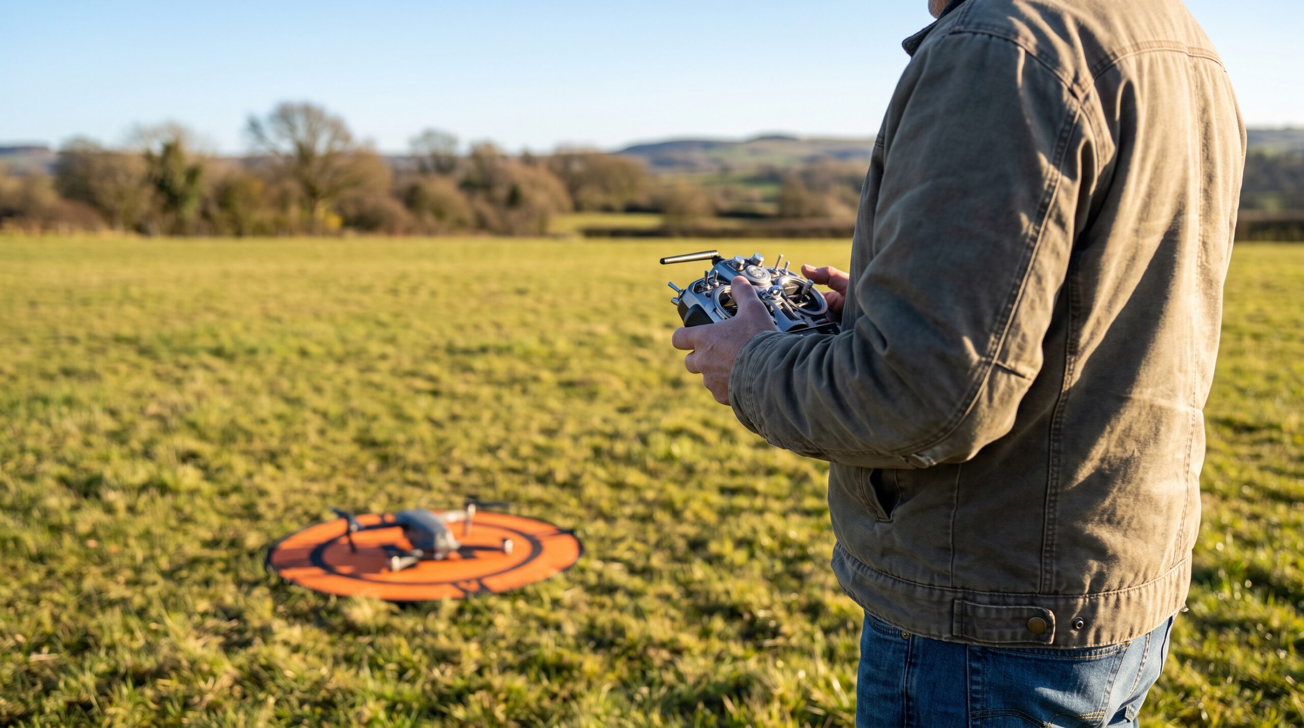 AI-generated illustration of a civilian remote pilot and grounded quadcopter